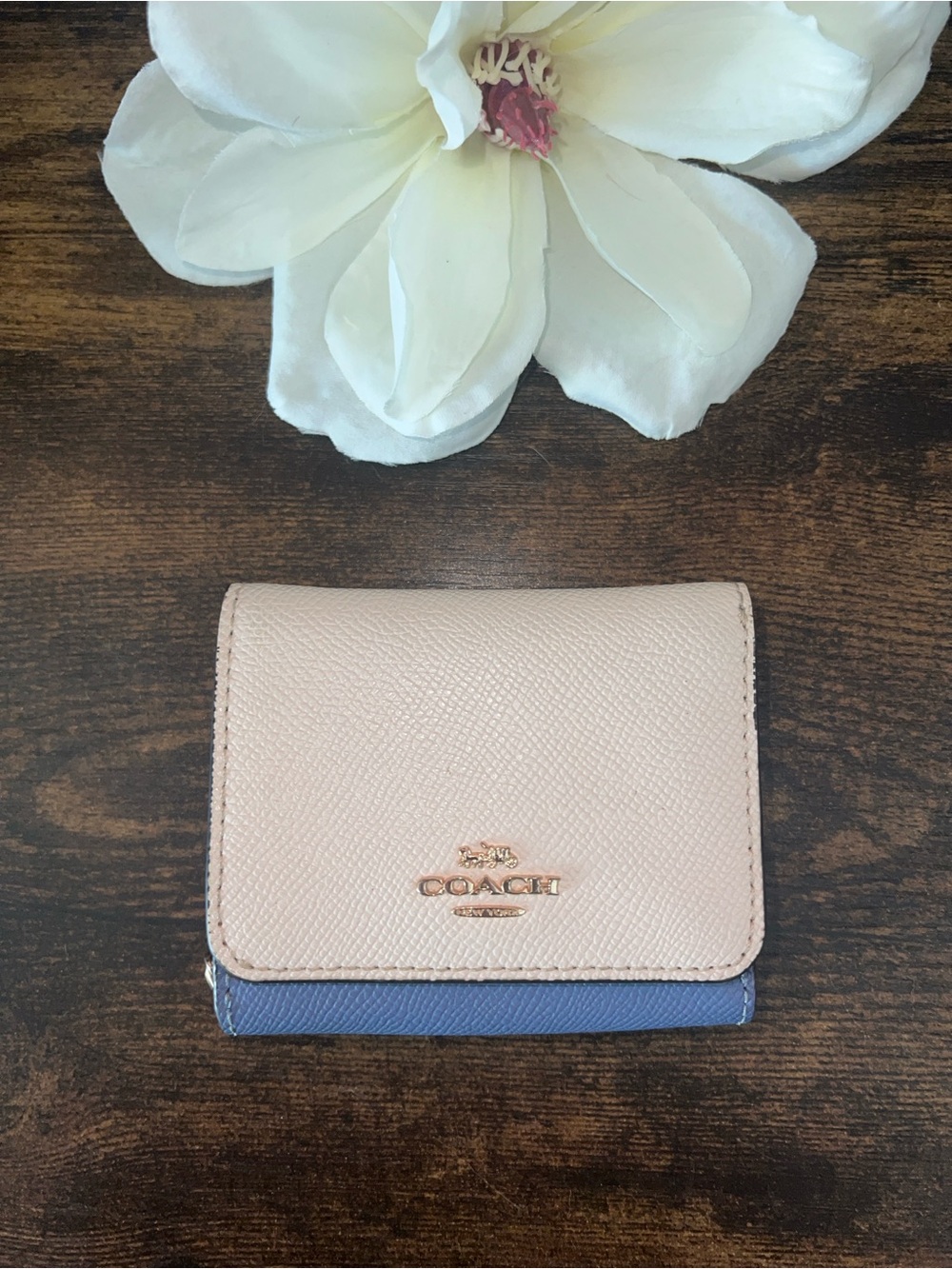 Coach Small Trifold Wallet in Colorblock with Chalk, Blue, and Caramel